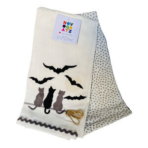 NWT Autumn Halloween Embroidered Cat Cats on Brooms Bats Kitchen Tea Towel Set